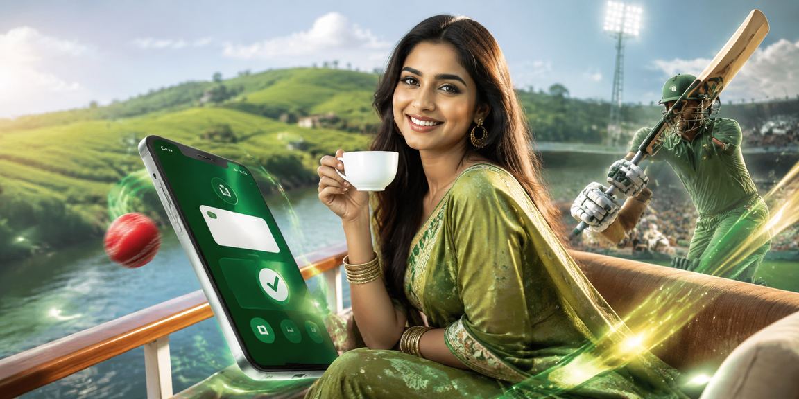 সিলেটের সুন্দর চা বাগানের পটভূমিতে ক্রিকেট বেটিং উপভোগ করছেন একজন খেলোয়াড়